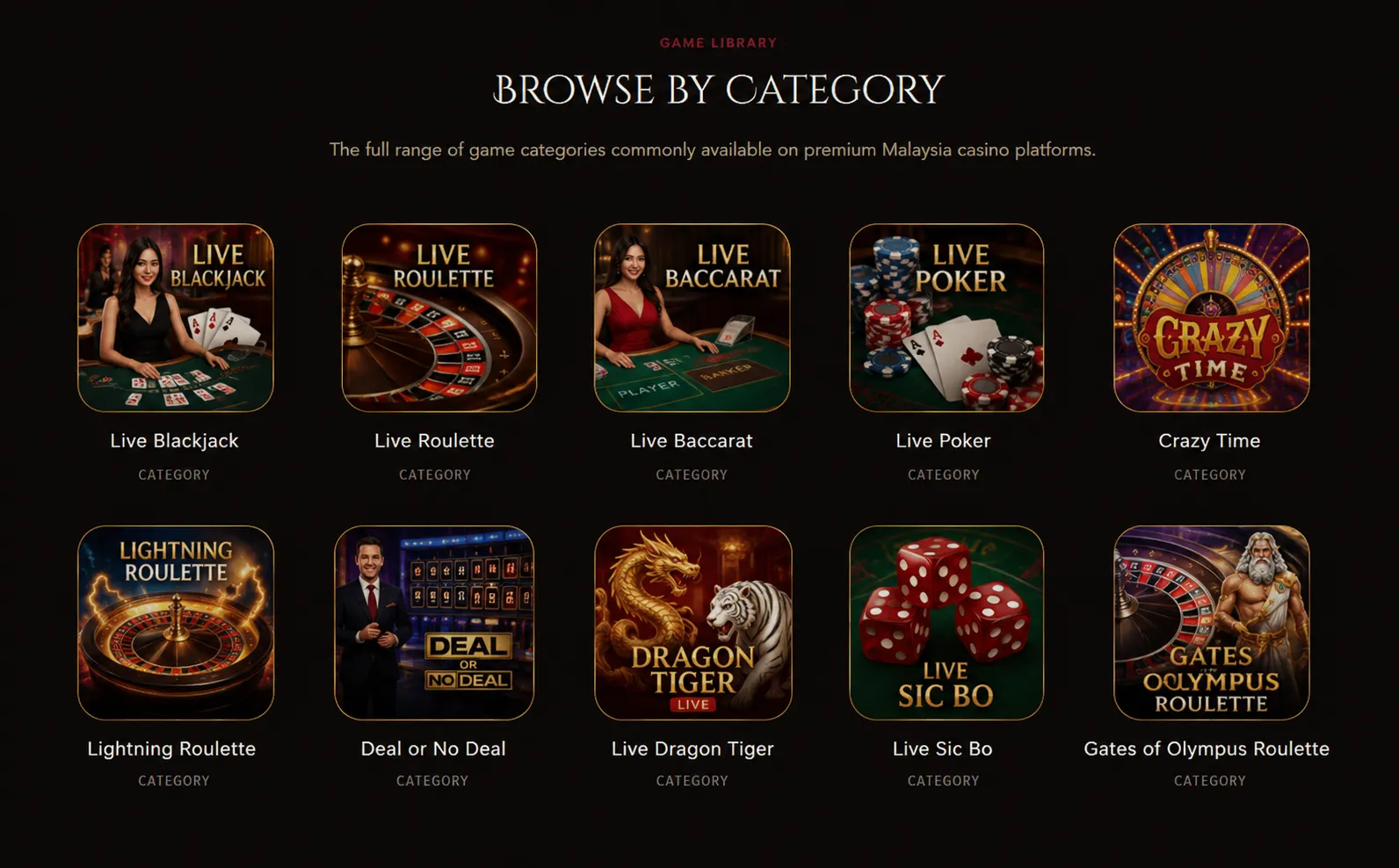 Browse by category: Live Blackjack, Live Roulette, Live Baccarat, Live Poker, Crazy Time, Lightning Roulette, Deal or No Deal, Live Dragon Tiger, Live Sic Bo, Gates of Olympus Roulette