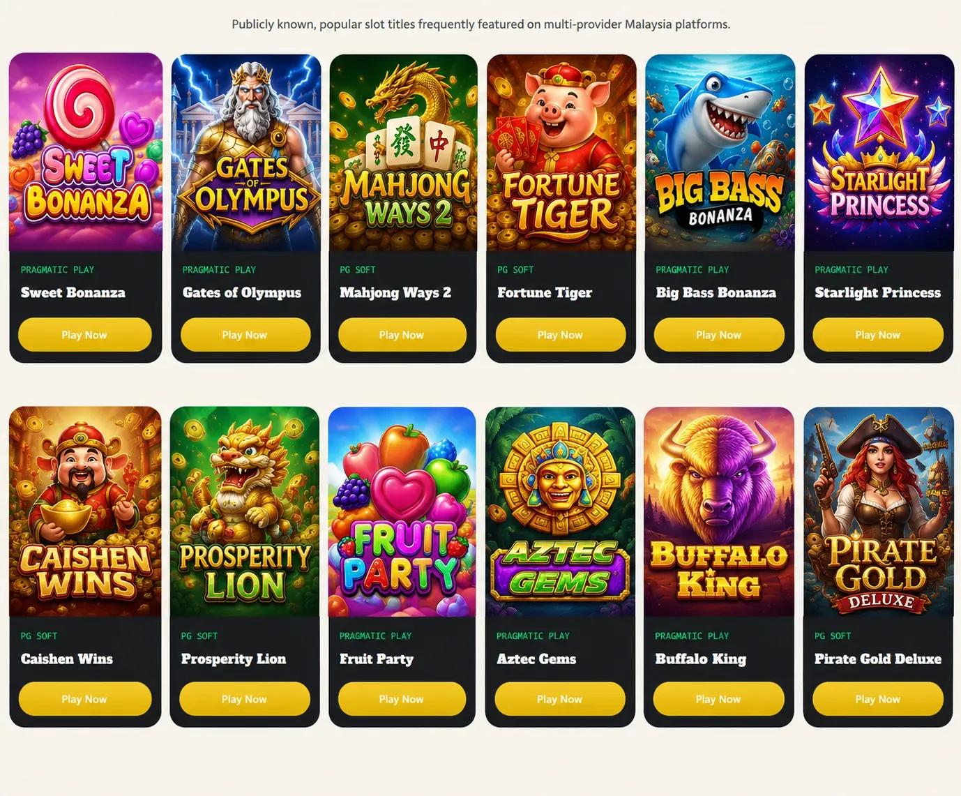 Most played casino games in Malaysia: Sweet Bonanza, Gates of Olympus, Mahjong Ways 2, Fortune Tiger, Big Bass Bonanza, Starlight Princess, Caishen Wins, Prosperity Lion, Fruit Party, Aztec Gems, Buffalo King, Pirate Gold Deluxe
